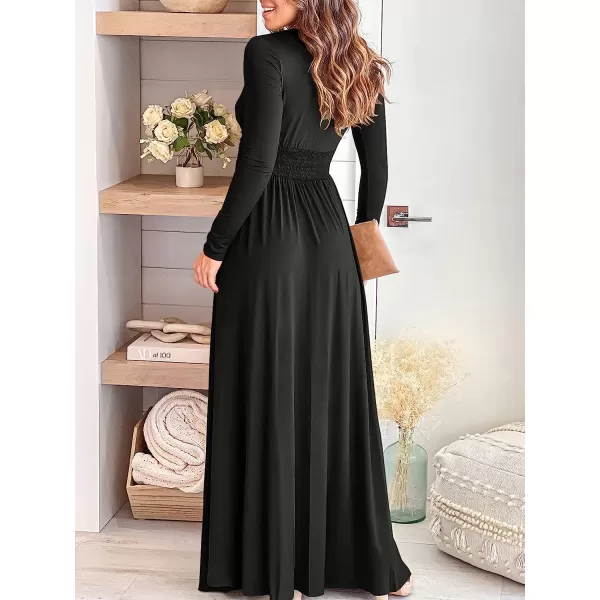 imageANRABESS Womens Deep V Neck Short Sleeve Long Dresses Pleated High Waist Slit Club Party Evening Maxi DressLong Sleeve Black