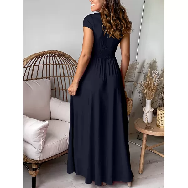 imageANRABESS Womens Deep V Neck Short Sleeve Long Dresses Pleated High Waist Slit Club Party Evening Maxi DressNavy Blue