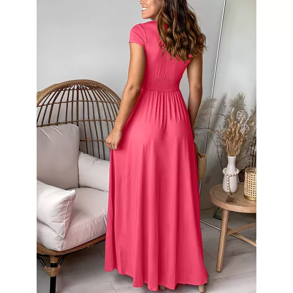 imageANRABESS Womens Deep V Neck Short Sleeve Long Dresses Pleated High Waist Slit Club Party Evening Maxi DressPink