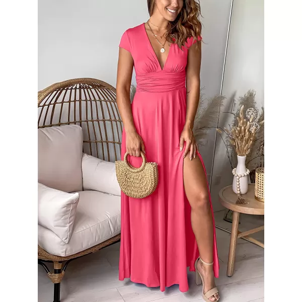 imageANRABESS Womens Deep V Neck Short Sleeve Long Dresses Pleated High Waist Slit Club Party Evening Maxi DressPink
