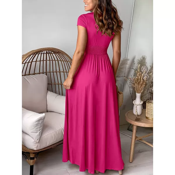 imageANRABESS Womens Deep V Neck Short Sleeve Long Dresses Pleated High Waist Slit Club Party Evening Maxi DressRose