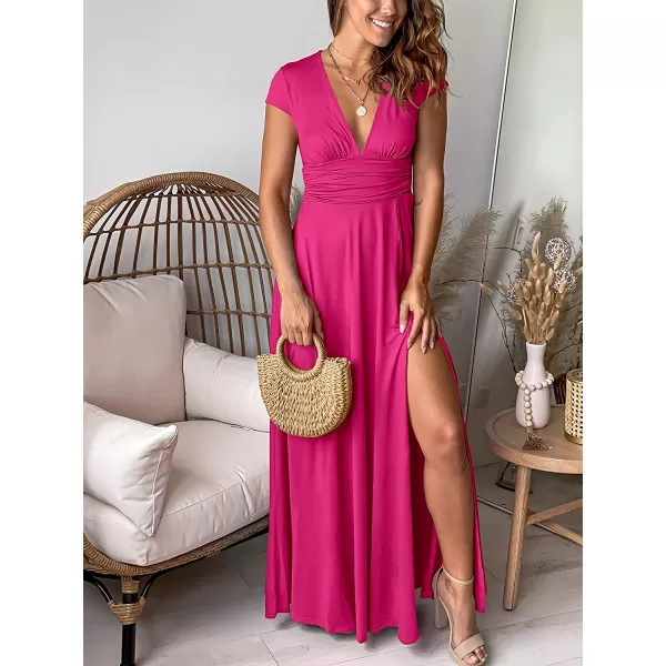 imageANRABESS Womens Deep V Neck Short Sleeve Long Dresses Pleated High Waist Slit Club Party Evening Maxi DressRose