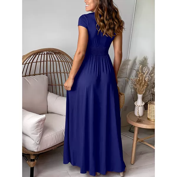 imageANRABESS Womens Deep V Neck Short Sleeve Long Dresses Pleated High Waist Slit Club Party Evening Maxi DressRoyal Blue