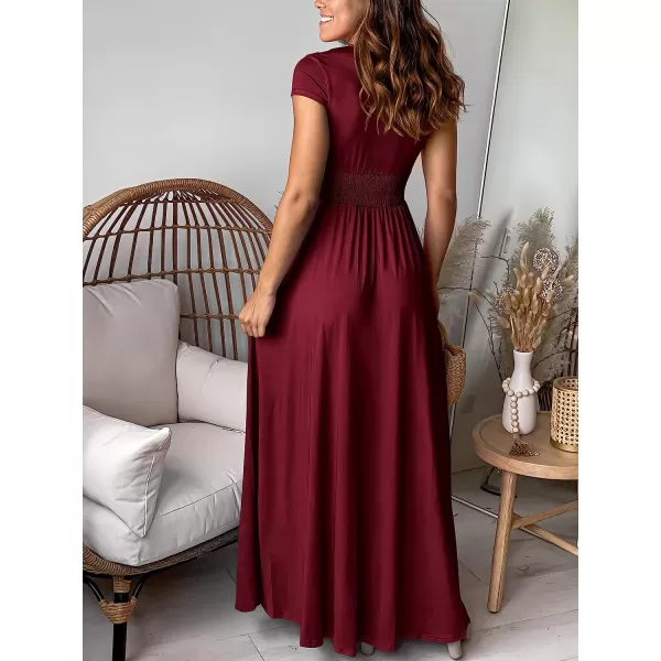 imageANRABESS Womens Deep V Neck Short Sleeve Long Dresses Pleated High Waist Slit Club Party Evening Maxi DressWine Red