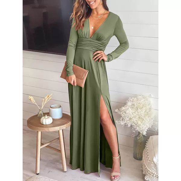 imageANRABESS Womens Deep V Neck Short Sleeve Long Dresses Pleated High Waist Slit Club Party Evening Maxi DressZarmy Green