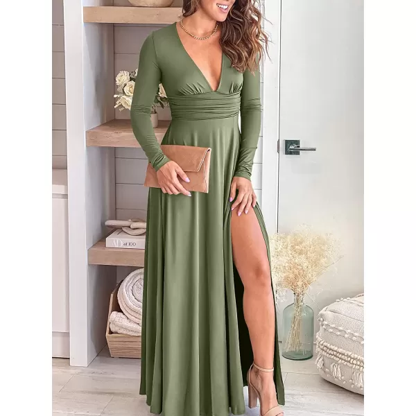 imageANRABESS Womens Deep V Neck Short Sleeve Long Dresses Pleated High Waist Slit Club Party Evening Maxi DressZarmy Green