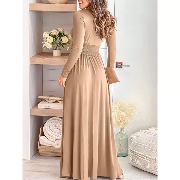 imageANRABESS Womens Deep V Neck Short Sleeve Long Dresses Pleated High Waist Slit Club Party Evening Maxi DressZbeige Apricot