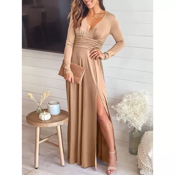 imageANRABESS Womens Deep V Neck Short Sleeve Long Dresses Pleated High Waist Slit Club Party Evening Maxi DressZbeige Apricot