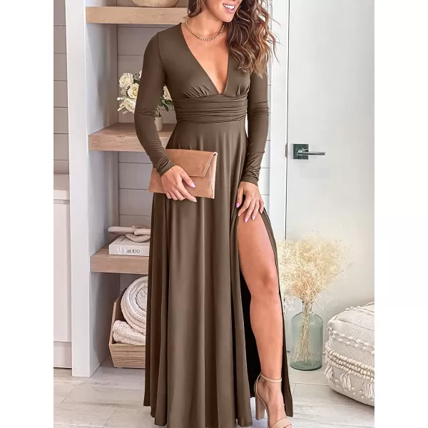 imageANRABESS Womens Deep V Neck Short Sleeve Long Dresses Pleated High Waist Slit Club Party Evening Maxi DressZbrown