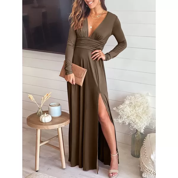 imageANRABESS Womens Deep V Neck Short Sleeve Long Dresses Pleated High Waist Slit Club Party Evening Maxi DressZbrown