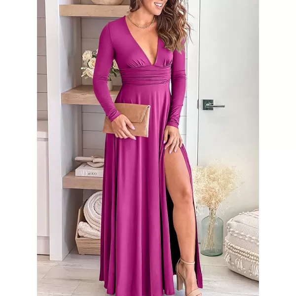 imageANRABESS Womens Deep V Neck Short Sleeve Long Dresses Pleated High Waist Slit Club Party Evening Maxi DressZfushascia Pink