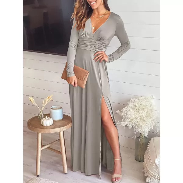 imageANRABESS Womens Deep V Neck Short Sleeve Long Dresses Pleated High Waist Slit Club Party Evening Maxi DressZgray