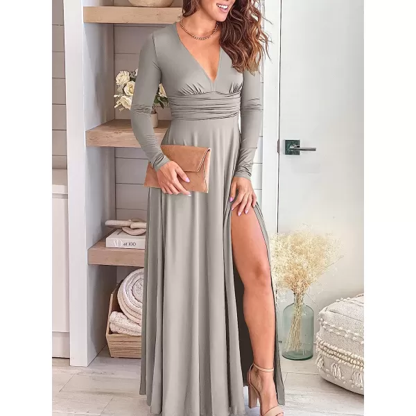 imageANRABESS Womens Deep V Neck Short Sleeve Long Dresses Pleated High Waist Slit Club Party Evening Maxi DressZgray