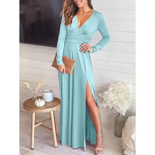 imageANRABESS Womens Deep V Neck Short Sleeve Long Dresses Pleated High Waist Slit Club Party Evening Maxi DressZlight Blue