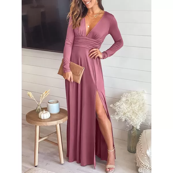 imageANRABESS Womens Deep V Neck Short Sleeve Long Dresses Pleated High Waist Slit Club Party Evening Maxi DressZpink