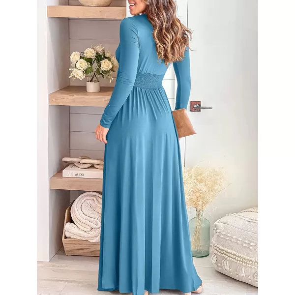 imageANRABESS Womens Deep V Neck Short Sleeve Long Dresses Pleated High Waist Slit Club Party Evening Maxi DressZsky Blue