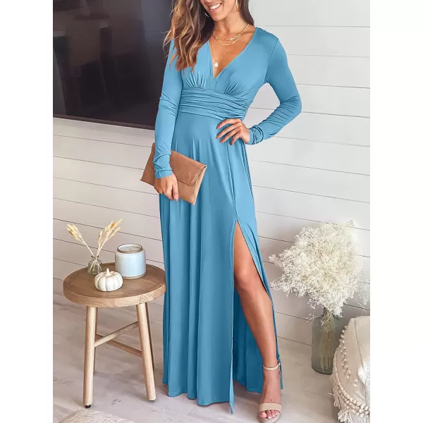 imageANRABESS Womens Deep V Neck Short Sleeve Long Dresses Pleated High Waist Slit Club Party Evening Maxi DressZsky Blue