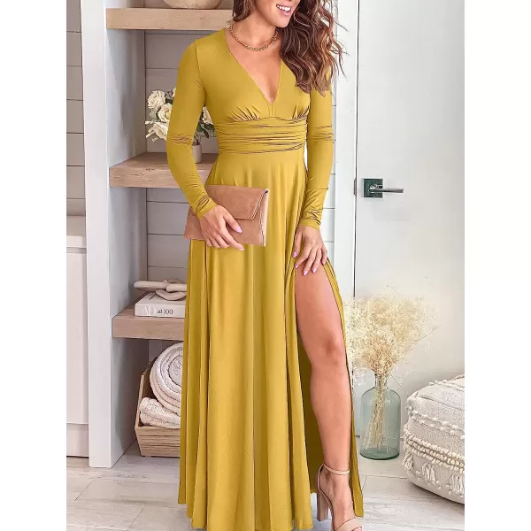 imageANRABESS Womens Deep V Neck Short Sleeve Long Dresses Pleated High Waist Slit Club Party Evening Maxi DressZyellow