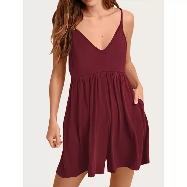 imageANRABESS Womens Deep V Neck Spaghetti Strap Beach Sexy Romper Shorts Jumpsuit with Pockets05winered
