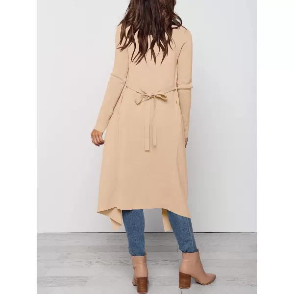 imageANRABESS Womens Draped Open Front Long Cardigan Sweater Long Sleeve Irregular Hem with BeltApricot