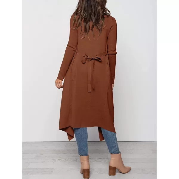 imageANRABESS Womens Draped Open Front Long Cardigan Sweater Long Sleeve Irregular Hem with BeltCoffee