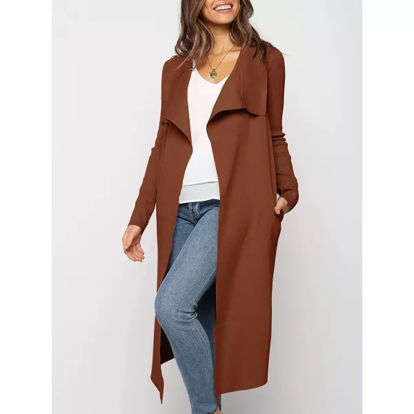 imageANRABESS Womens Draped Open Front Long Cardigan Sweater Long Sleeve Irregular Hem with BeltCoffee