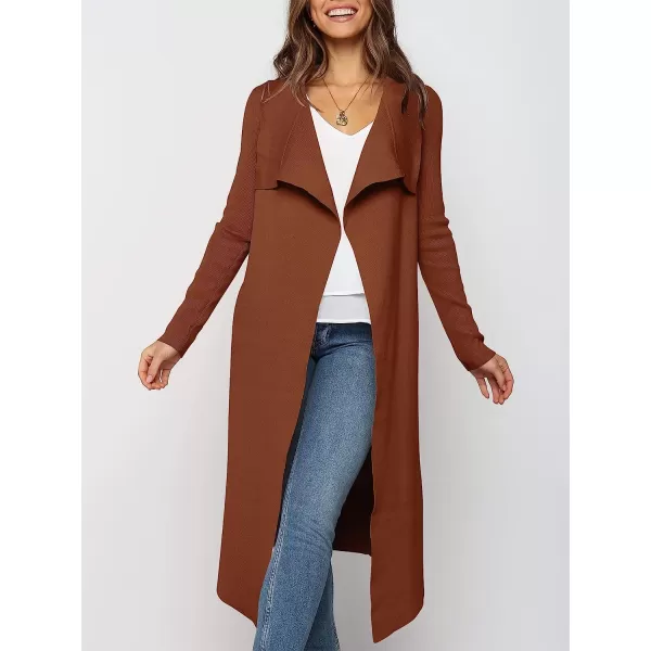 imageANRABESS Womens Draped Open Front Long Cardigan Sweater Long Sleeve Irregular Hem with BeltCoffee