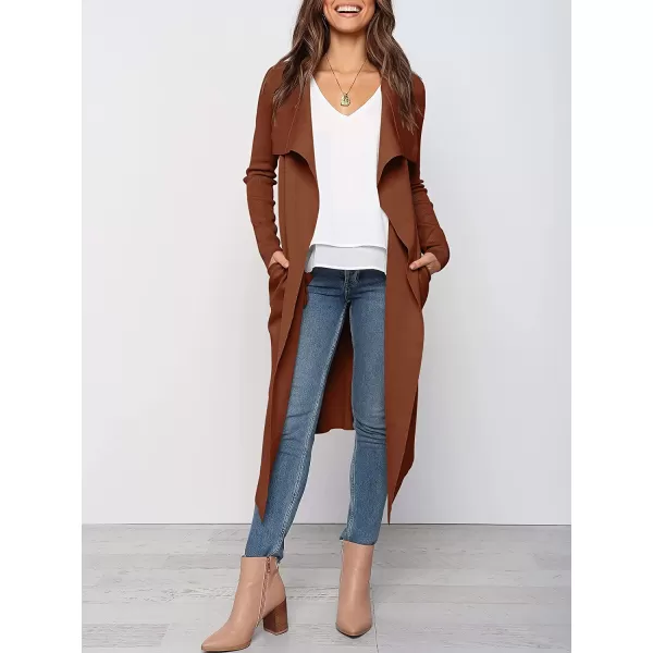 imageANRABESS Womens Draped Open Front Long Cardigan Sweater Long Sleeve Irregular Hem with BeltCoffee