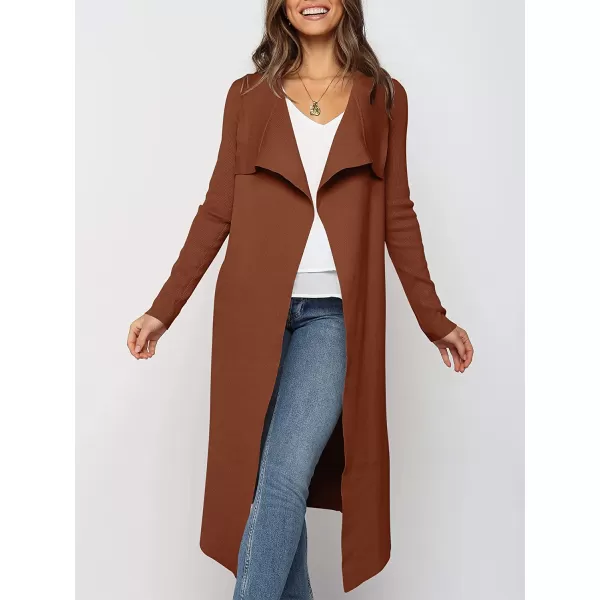imageANRABESS Womens Draped Open Front Long Cardigan Sweater Long Sleeve Irregular Hem with BeltCoffee