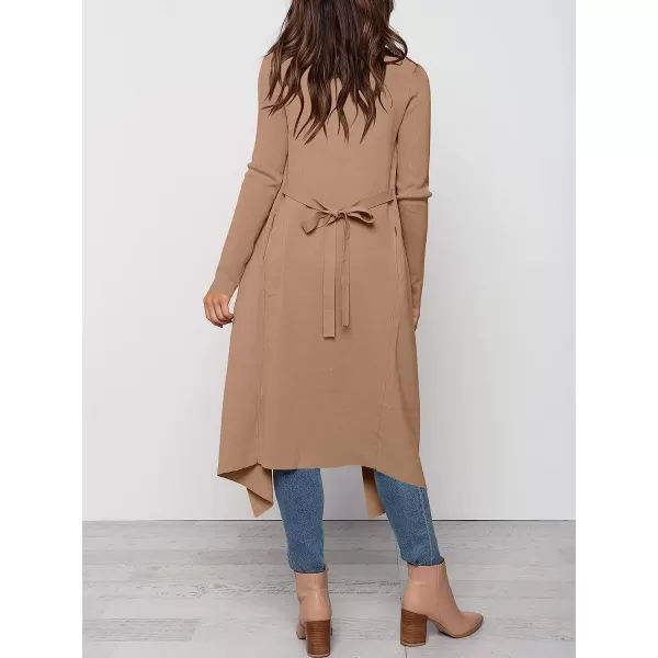 imageANRABESS Womens Draped Open Front Long Cardigan Sweater Long Sleeve Irregular Hem with BeltDeep Apricot