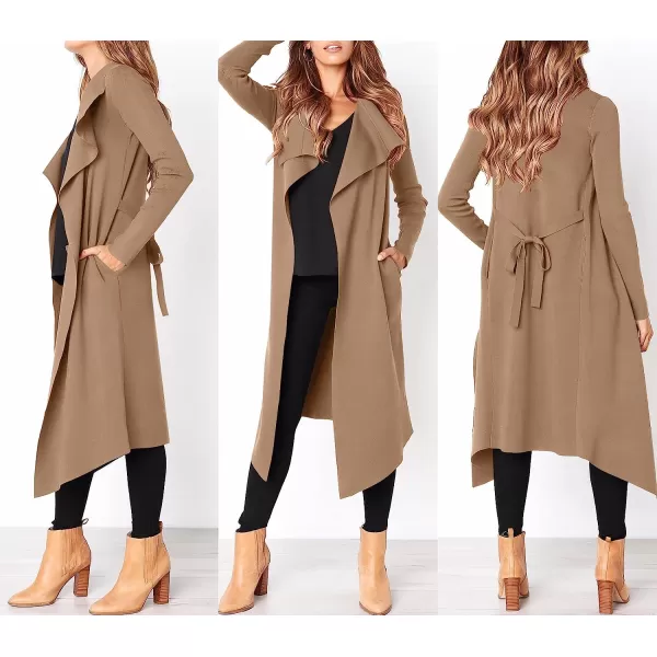 imageANRABESS Womens Draped Open Front Long Cardigan Sweater Long Sleeve Irregular Hem with BeltDeep Apricot