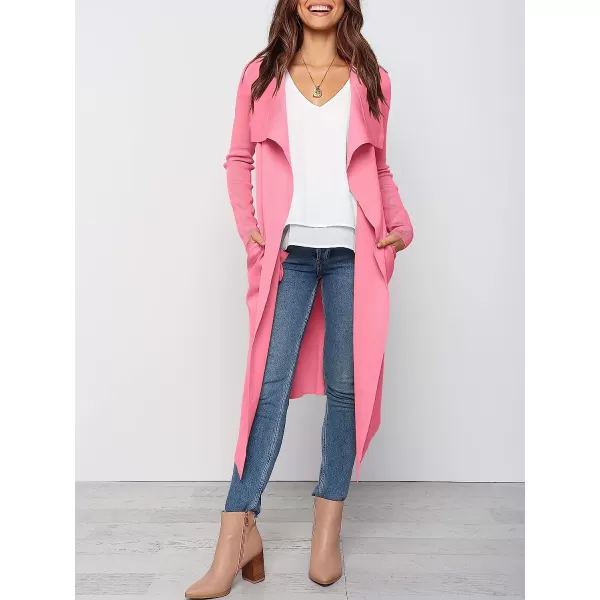 imageANRABESS Womens Draped Open Front Long Cardigan Sweater Long Sleeve Irregular Hem with BeltPink