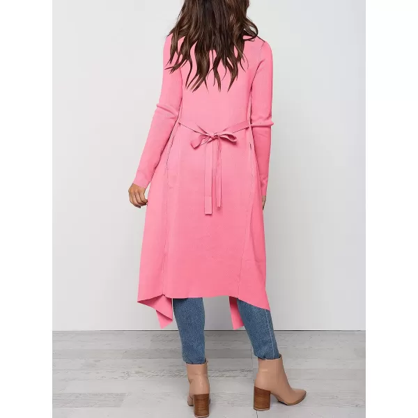 imageANRABESS Womens Draped Open Front Long Cardigan Sweater Long Sleeve Irregular Hem with BeltPink