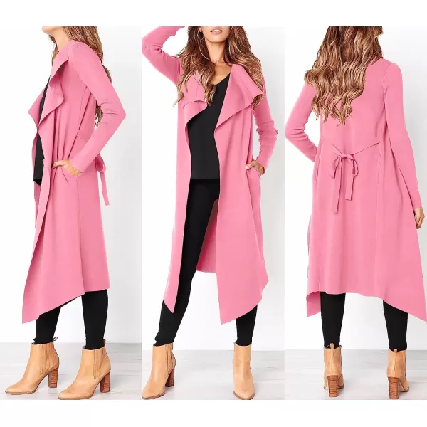 imageANRABESS Womens Draped Open Front Long Cardigan Sweater Long Sleeve Irregular Hem with BeltPink