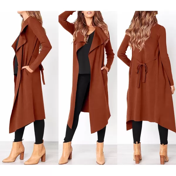imageANRABESS Womens Draped Open Front Long Cardigan Sweater Long Sleeve Irregular Hem with BeltRust Red