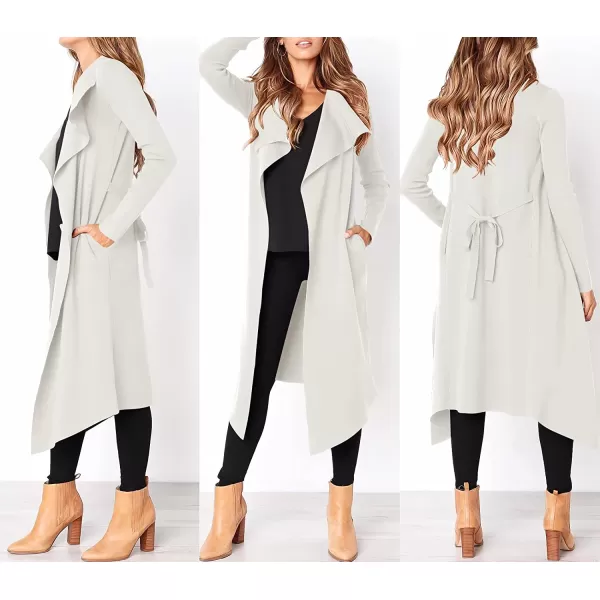 imageANRABESS Womens Draped Open Front Long Cardigan Sweater Long Sleeve Irregular Hem with BeltWhite