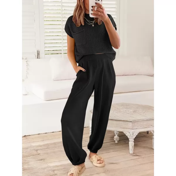 imageANRABESS Womens Elastic Waist Soft Knit Solid Wide Leg Sweatpants Sweater Pants Trousers with PocketsBlack