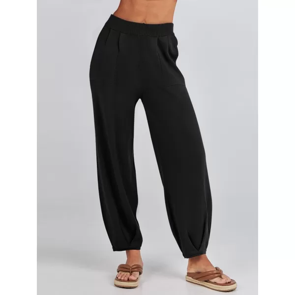 imageANRABESS Womens Elastic Waist Soft Knit Solid Wide Leg Sweatpants Sweater Pants Trousers with PocketsBlack