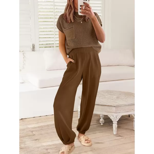 imageANRABESS Womens Elastic Waist Soft Knit Solid Wide Leg Sweatpants Sweater Pants Trousers with PocketsBrown