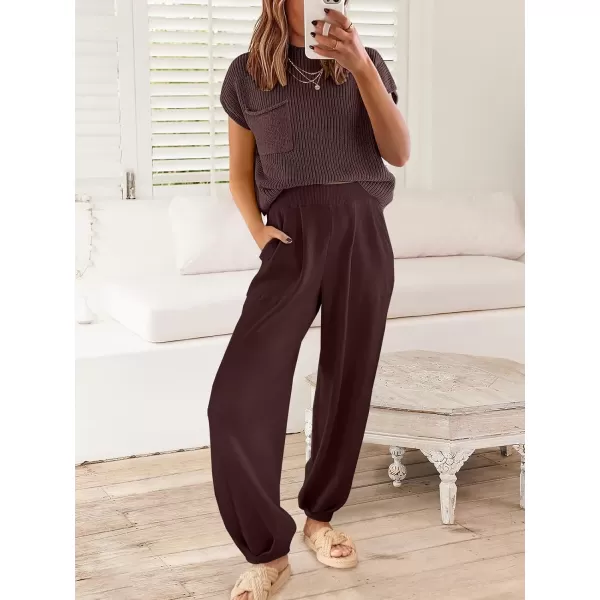 imageANRABESS Womens Elastic Waist Soft Knit Solid Wide Leg Sweatpants Sweater Pants Trousers with PocketsCoffee