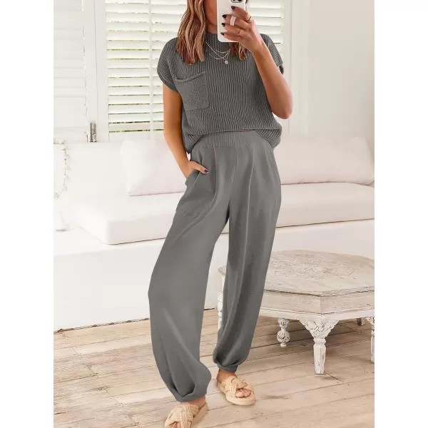 imageANRABESS Womens Elastic Waist Soft Knit Solid Wide Leg Sweatpants Sweater Pants Trousers with PocketsGrey
