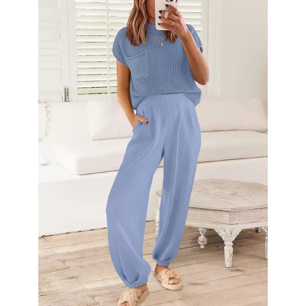 imageANRABESS Womens Elastic Waist Soft Knit Solid Wide Leg Sweatpants Sweater Pants Trousers with PocketsLight Blue