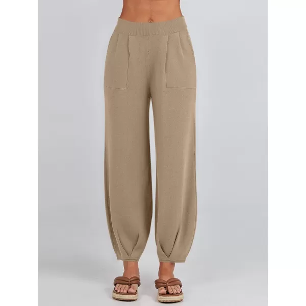 imageANRABESS Womens Elastic Waist Soft Knit Solid Wide Leg Sweatpants Sweater Pants Trousers with PocketsLight Khaki