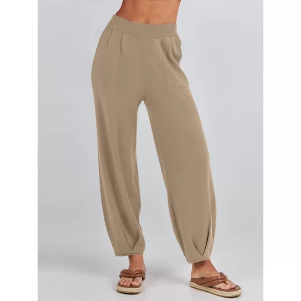 imageANRABESS Womens Elastic Waist Soft Knit Solid Wide Leg Sweatpants Sweater Pants Trousers with PocketsLight Khaki