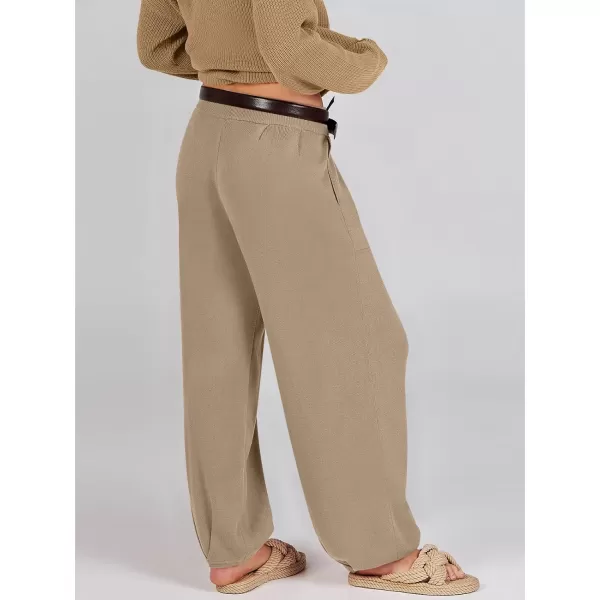 imageANRABESS Womens Elastic Waist Soft Knit Solid Wide Leg Sweatpants Sweater Pants Trousers with PocketsLight Khaki