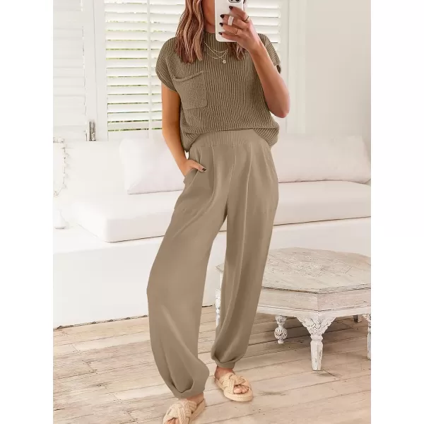 imageANRABESS Womens Elastic Waist Soft Knit Solid Wide Leg Sweatpants Sweater Pants Trousers with PocketsLight Khaki