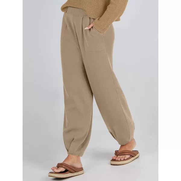 imageANRABESS Womens Elastic Waist Soft Knit Solid Wide Leg Sweatpants Sweater Pants Trousers with PocketsLight Khaki