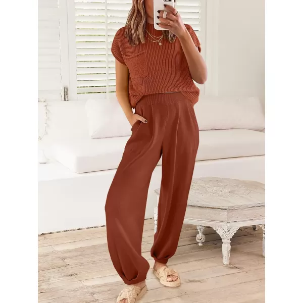 imageANRABESS Womens Elastic Waist Soft Knit Solid Wide Leg Sweatpants Sweater Pants Trousers with PocketsRust