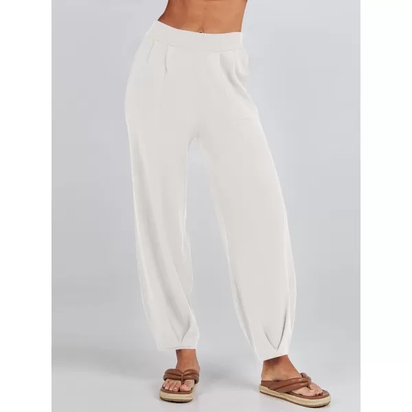 imageANRABESS Womens Elastic Waist Soft Knit Solid Wide Leg Sweatpants Sweater Pants Trousers with PocketsWhite