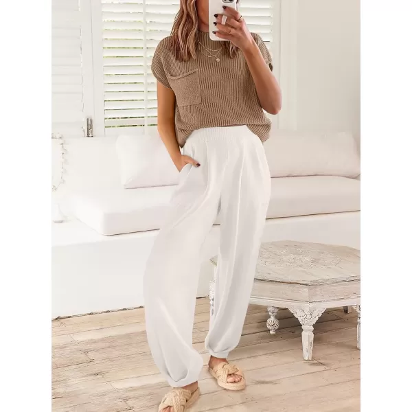 imageANRABESS Womens Elastic Waist Soft Knit Solid Wide Leg Sweatpants Sweater Pants Trousers with PocketsWhite